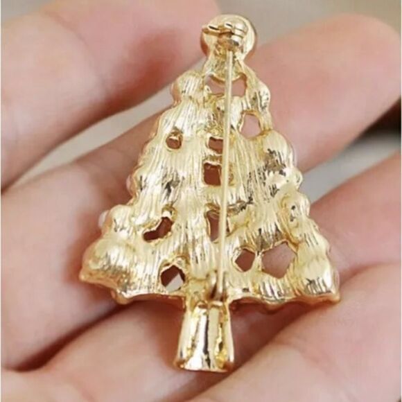 Vintage Style Pearl and Crystal Christmas Tree Gold Brooch Pin - Picture 4 of 4